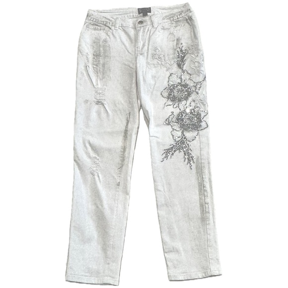 👖🌟 AZI NEW YORK Embellished Jeans | White Silver Sequin Distressed Denim | Sz 4 - Picture 1 of 6